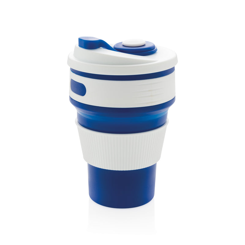 Load image into Gallery viewer, Foldable silicone drinkware cup by XD Collection, showing a flexible, portable silicone cup folded and open for drinking.