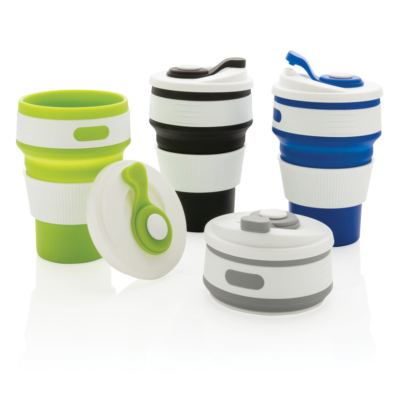 Load image into Gallery viewer, Foldable silicone drinkware cup from XD Collection, showing a flexible, portable silicone cup in a folded and open position.