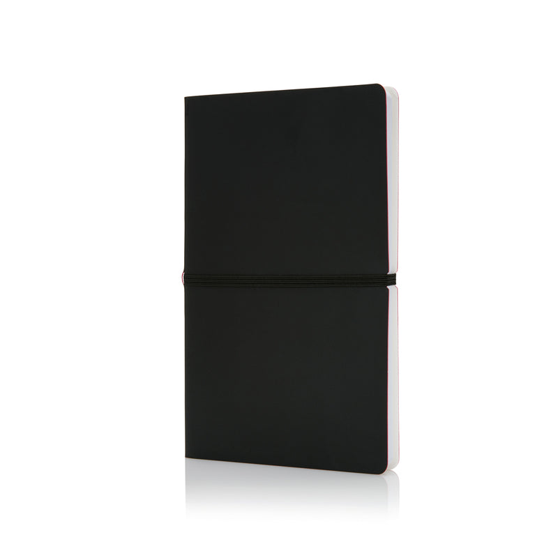 Load image into Gallery viewer, Deluxe softcover A5 notebook from XD Collection with smooth black cover and visible binding, ideal for note-taking and journaling.