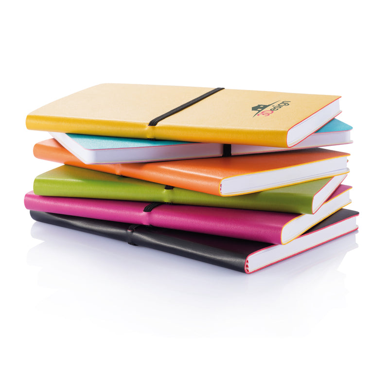 Load image into Gallery viewer, A5 softcover notebook from XD Collection with a sleek design, featuring a black cover and elastic closure.