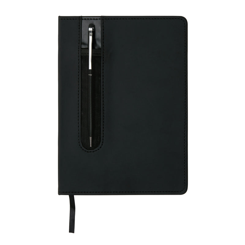 Load image into Gallery viewer, Black hardcover PU A5 notebook with built-in stylus pen from XD Collection, featuring a sleek, professional design and textured cover.
