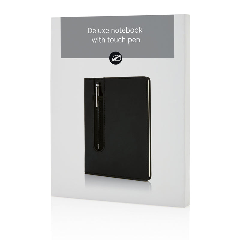 Load image into Gallery viewer, A hardcover PU A5 notebook with a stylus pen from XD Collection, featuring a sleek design for note-taking and organization.