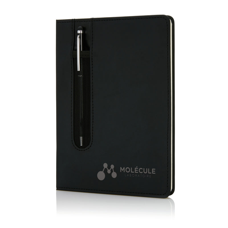 Load image into Gallery viewer, A hardcover PU A5 notebook with stylus pen from XD Collection, featuring a sleek black design and elastic closure.
