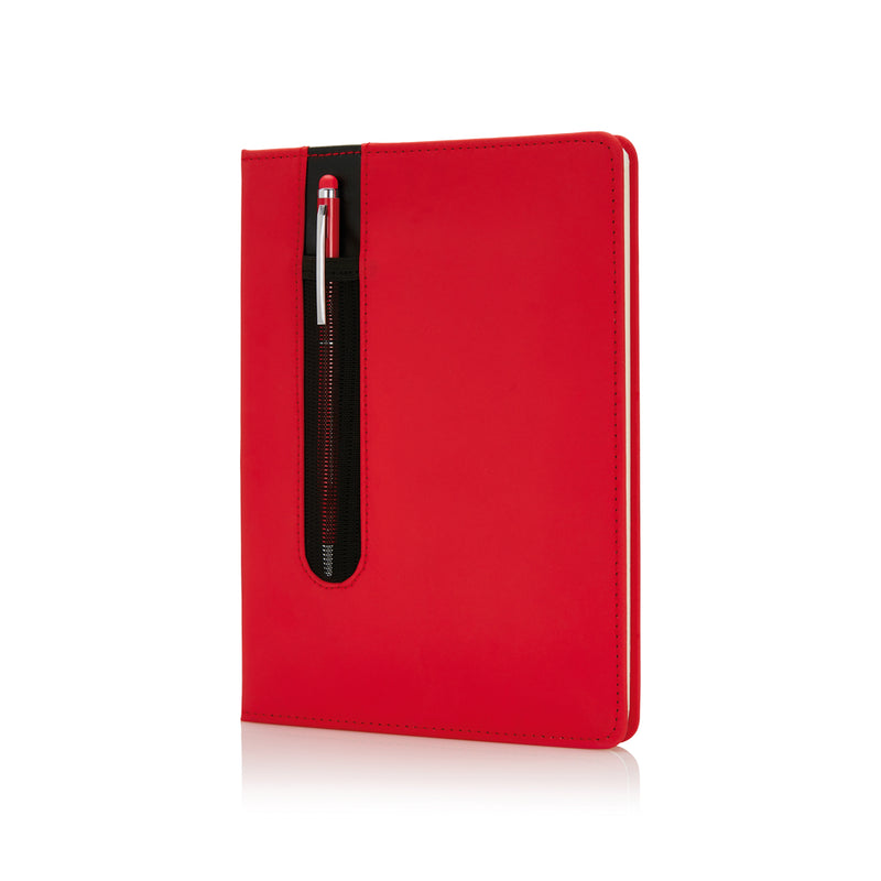 Load image into Gallery viewer, A standard hardcover PU A5 notebook with stylus pen from XD Collection, featuring a sleek black cover and an attached stylus.