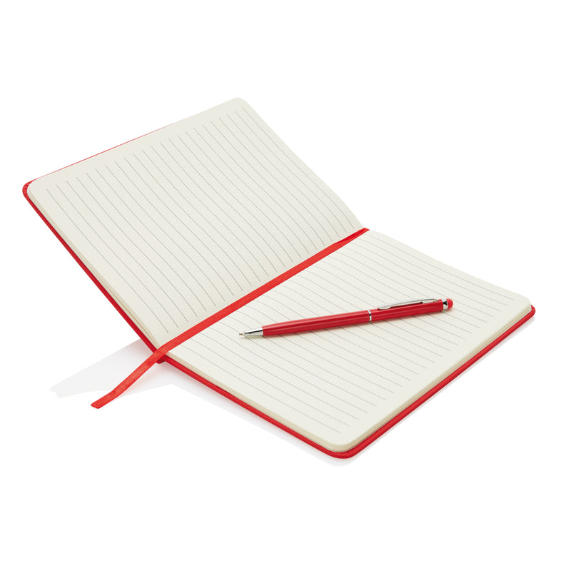 Load image into Gallery viewer, A hardcover PU A5 notebook with a stylus pen from XD Collection, featuring a sleek design and portable size for note-taking.