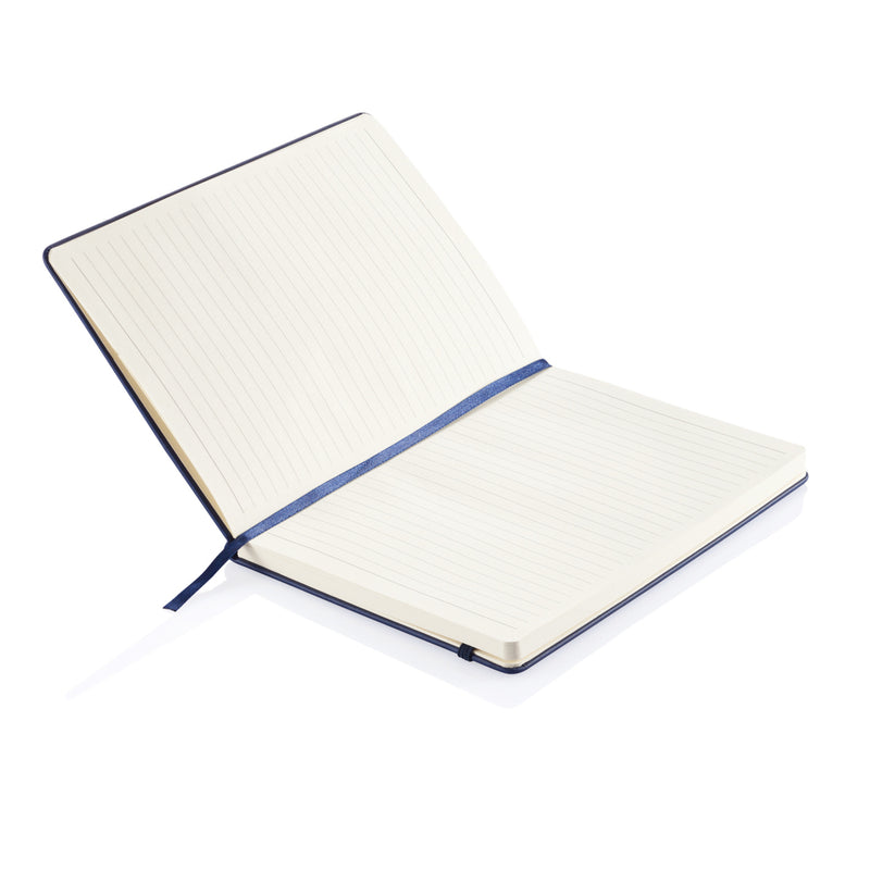 Load image into Gallery viewer, Deluxe hardcover PU A5 notebook by XD Collection with textured black cover and gold foil accents, open to blank lined pages.