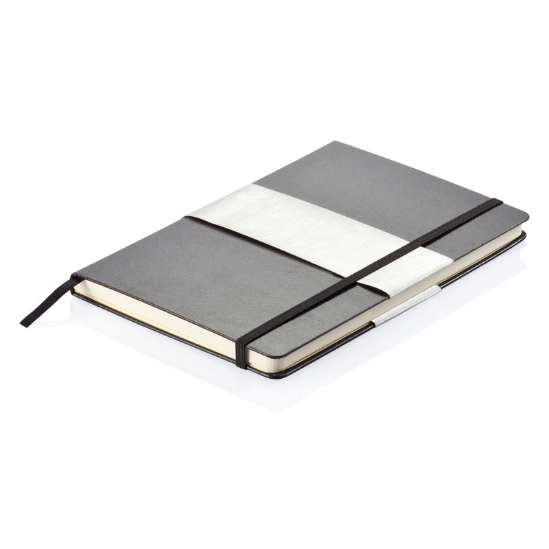 Load image into Gallery viewer, Deluxe hardcover A5 notebook from XD Collection with a sleek black cover and gold detailing, ideal for note-taking and journaling.