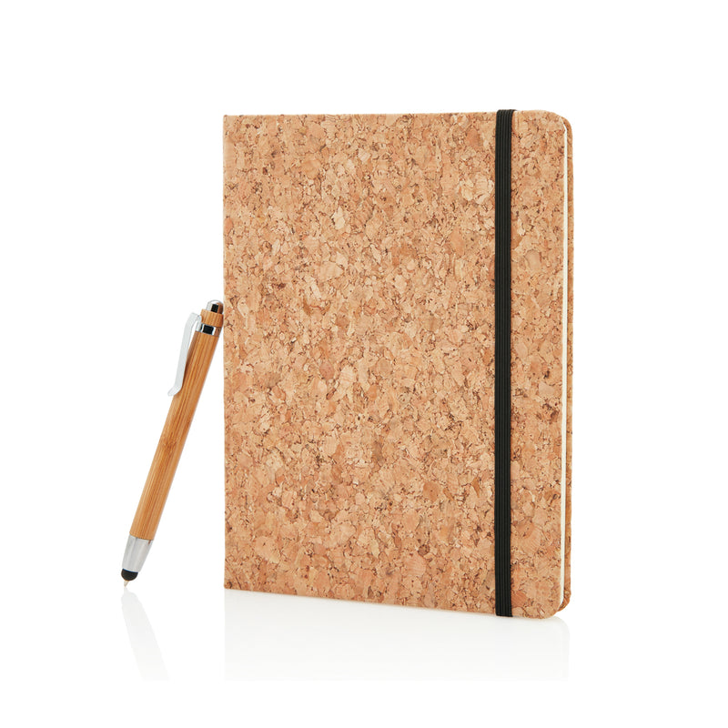 Load image into Gallery viewer, A5 notebook with bamboo pen and stylus from XD Collection, featuring a sleek cover and a matching eco-friendly pen.
