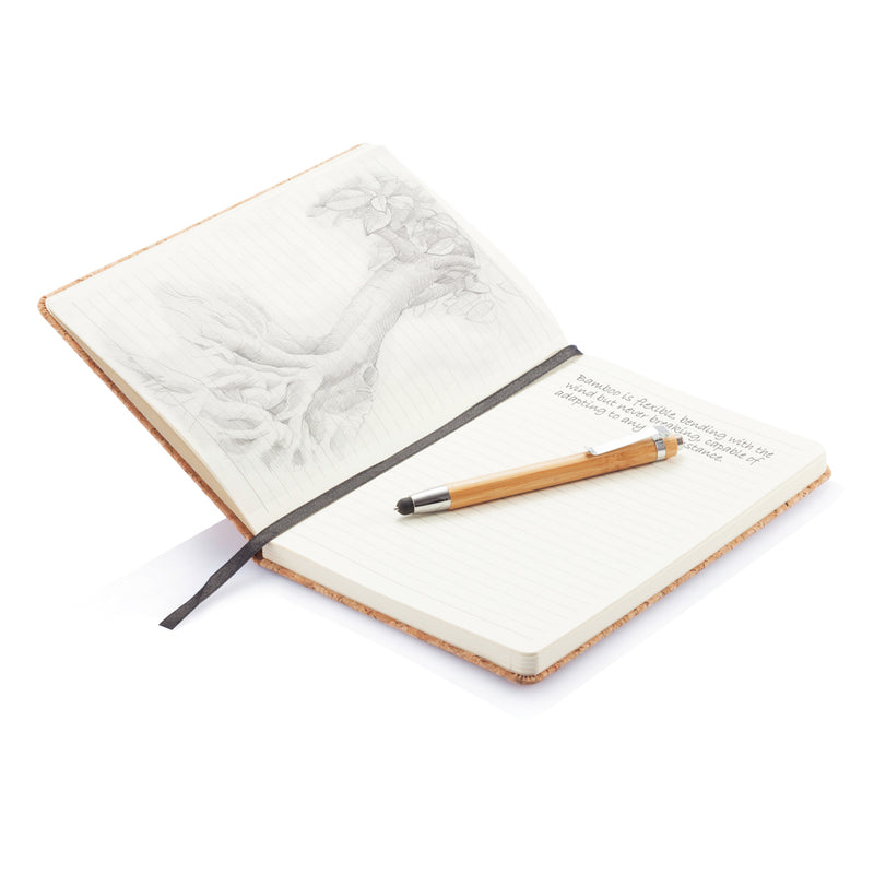 Load image into Gallery viewer, A5 notebook with bamboo pen and stylus from XD Collection, featuring a sleek cover and a matching eco-friendly pen and stylus.