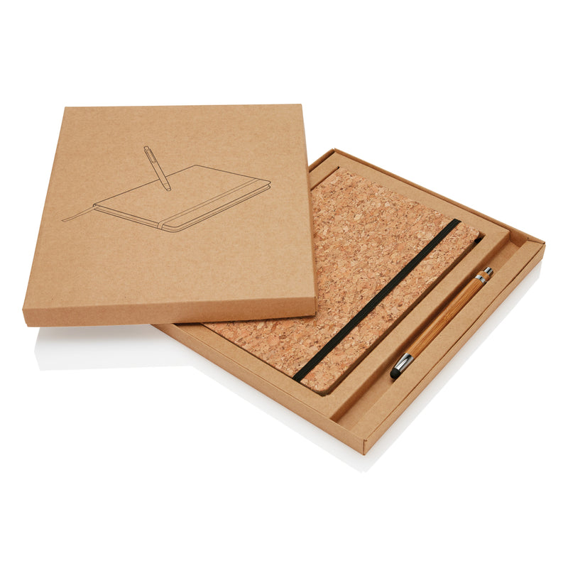 Load image into Gallery viewer, A5 notebook with bamboo pen and stylus from XD Collection, featuring a sleek cover and a matching eco-friendly writing set.