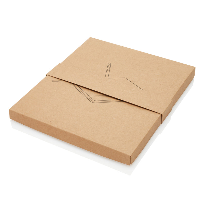 Load image into Gallery viewer, A5 notebook with bamboo pen and stylus from XD Collection, featuring a sleek cover and matching writing accessories.