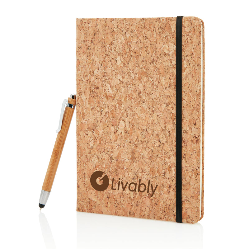 Load image into Gallery viewer, A5 notebook with bamboo pen and stylus from XD Collection, open showing lined pages and sleek design.
