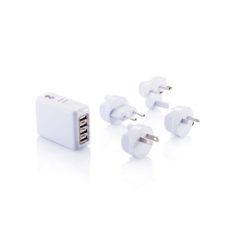 Load image into Gallery viewer, XD Collection travel plug with 4 USB ports and power outlets, compact phone and tablet charging accessory.
