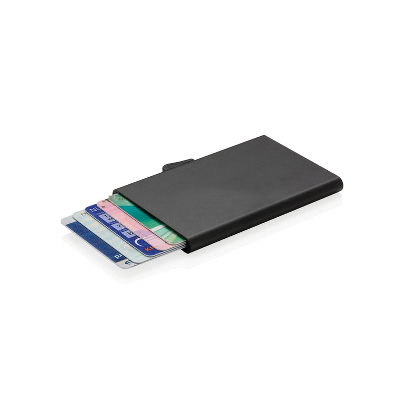 Load image into Gallery viewer, C-Secure aluminium RFID card holder with secure snap closure, compact travel and card storage bag, black finish.