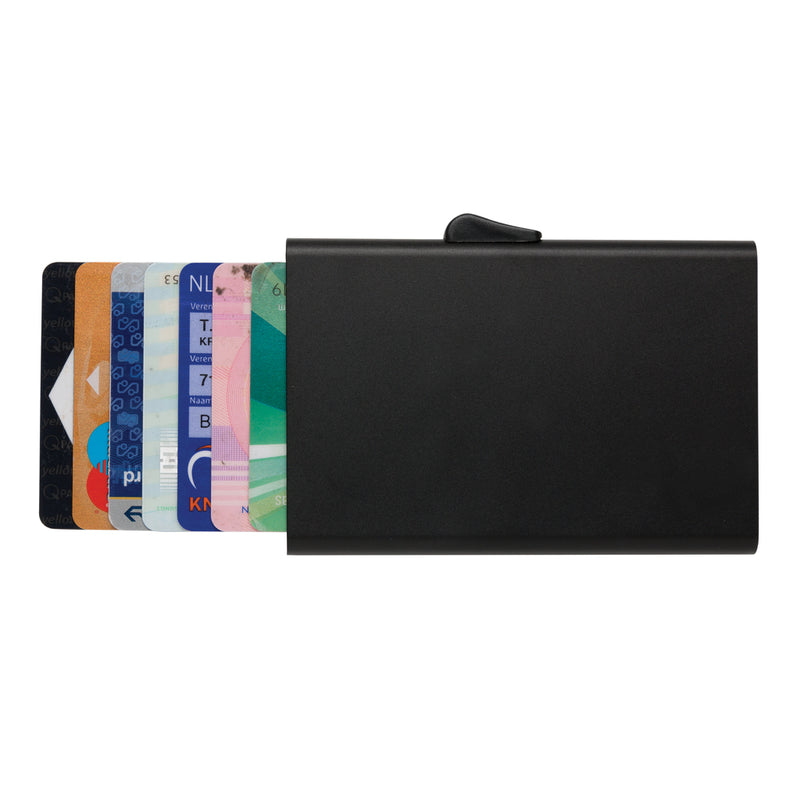 Load image into Gallery viewer, C-Secure aluminium RFID card holder with secure closure, designed for safe travel and compact storage of credit cards.