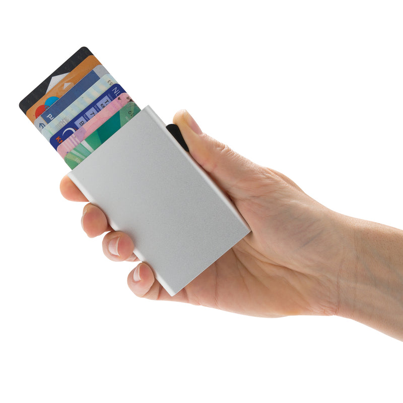 Load image into Gallery viewer, C-Secure aluminium RFID card holder in black, compact travel wallet with secure card slots and sleek design.