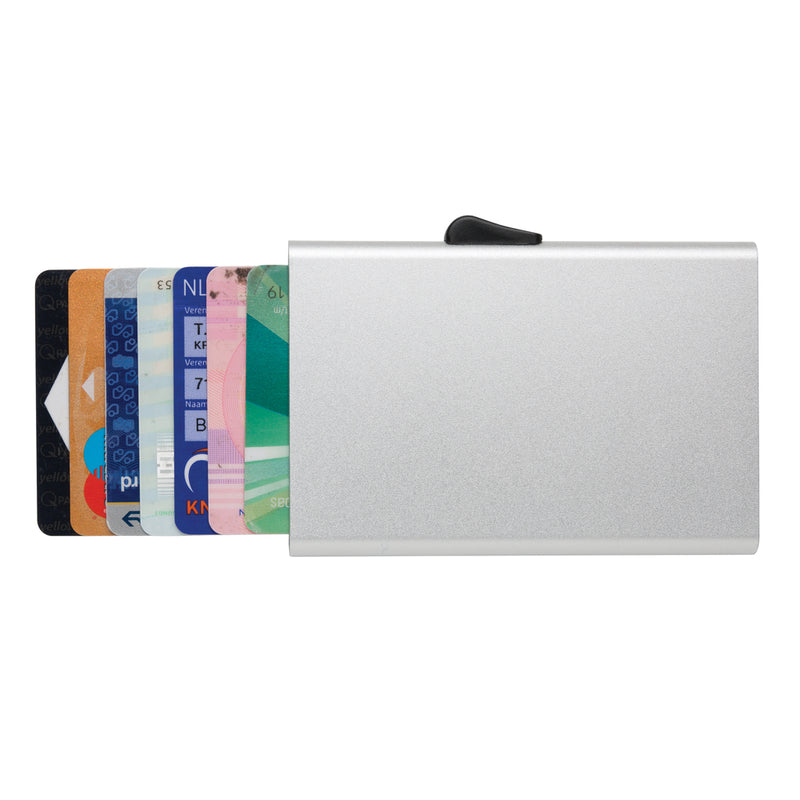Load image into Gallery viewer, C-Secure aluminium RFID card holder in black, compact travel wallet with secure card slots and sleek design.