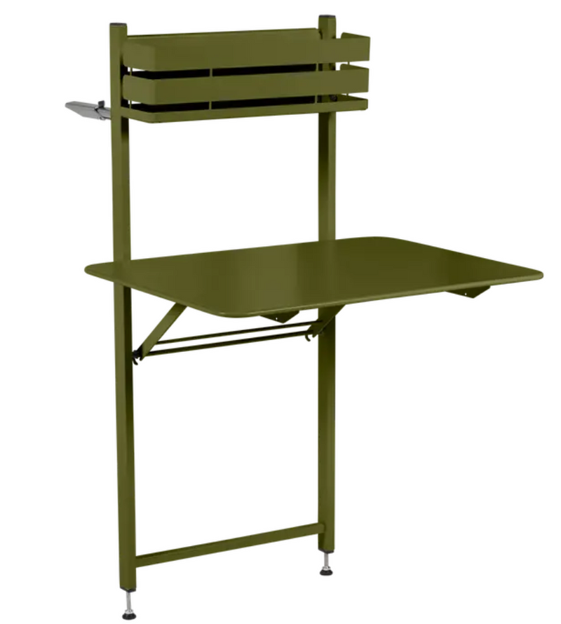 Load image into Gallery viewer, Pesto green Fermob foldable balcony table with metal frame, ideal for outdoor or apartment balcony seating.