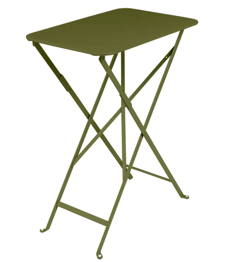 Load image into Gallery viewer, Fermob Bistro folding table in pesto green with rectangular metal top, ideal for balcony or compact dining spaces.