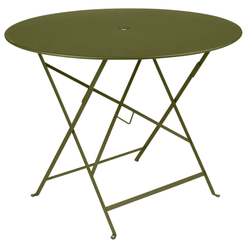 Load image into Gallery viewer, Fermob Bistro round outdoor table in pesto green with metal construction and parasol hole, ideal for restaurant patios.