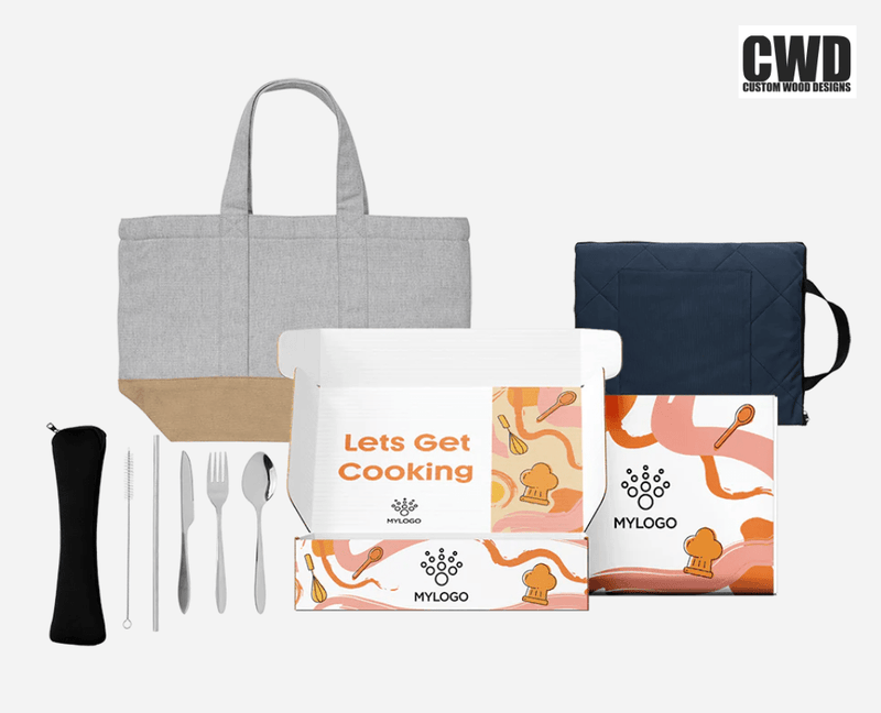 Load image into Gallery viewer, Picnic Gift Set Box - Custom Wood DesignsCustom Wood Designs picnic gift set box with logo, featuring a wooden box filled with picnic essentials for outdoor dining.Gift Set Box24575220831511