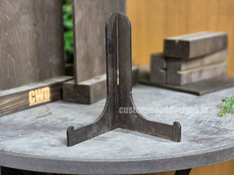 Load image into Gallery viewer, Plate Stands X 10 - Custom Wood DesignsSet of 10 wooden plate stands by Custom Wood Designs, displaying plates securely for display or storage.Plate Stand24575223634807