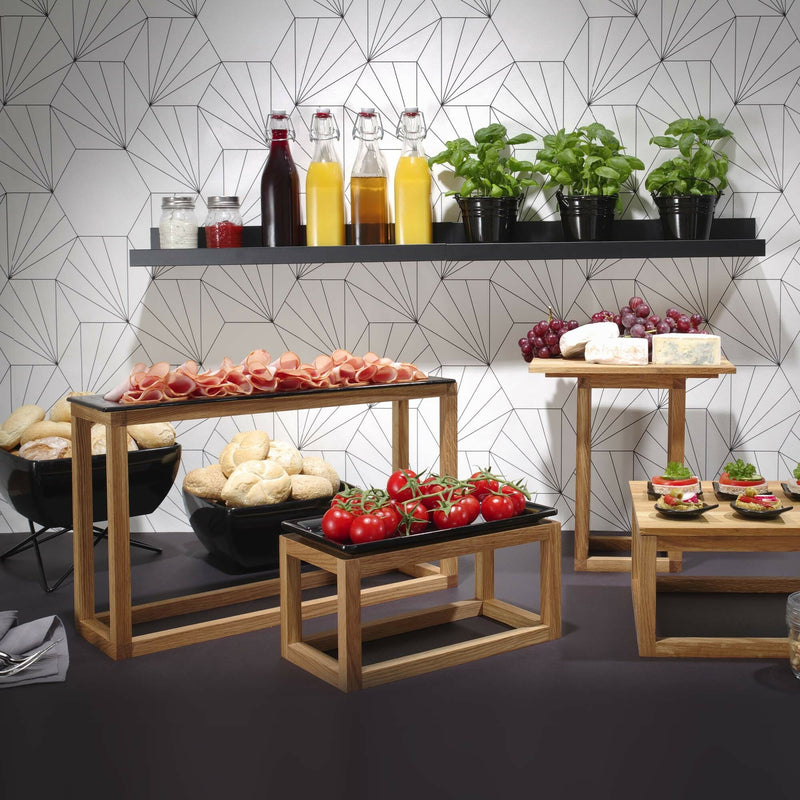 Load image into Gallery viewer, Madeira Black Teak Buffet Display Stand by Fine Dine, showcasing a sleek wooden stand for buffet presentation.