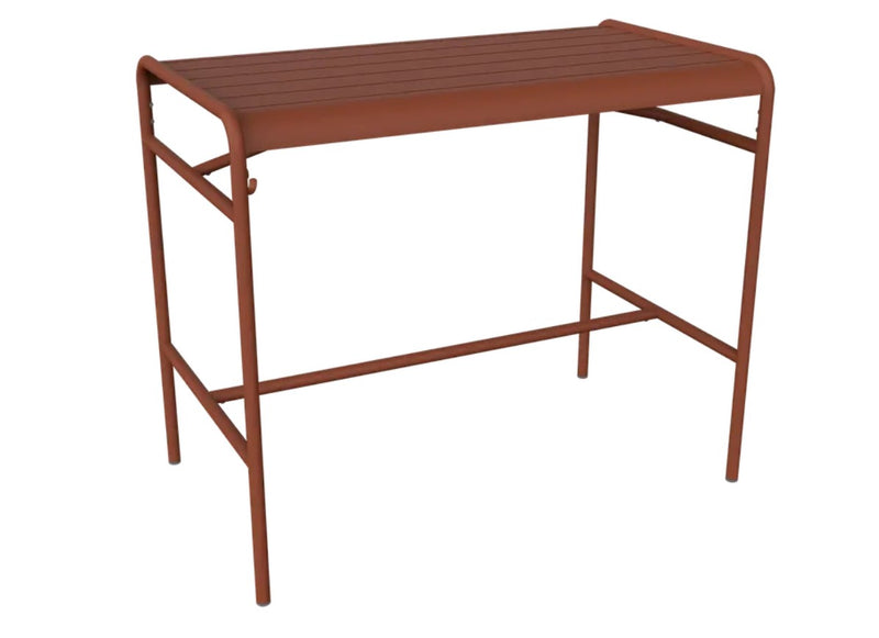 Load image into Gallery viewer, Red ochre Fermob Luxembourg high metal table with 126x73 cm tabletop, modern design for indoor or outdoor use.