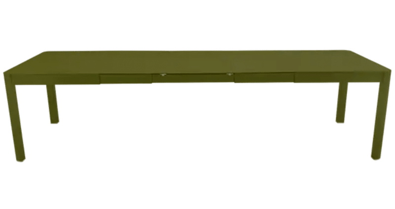 Load image into Gallery viewer, Large Fermob Ribambelle XL extendable metal table in pestogreen, seating 14, suitable for hospitality or large gatherings.