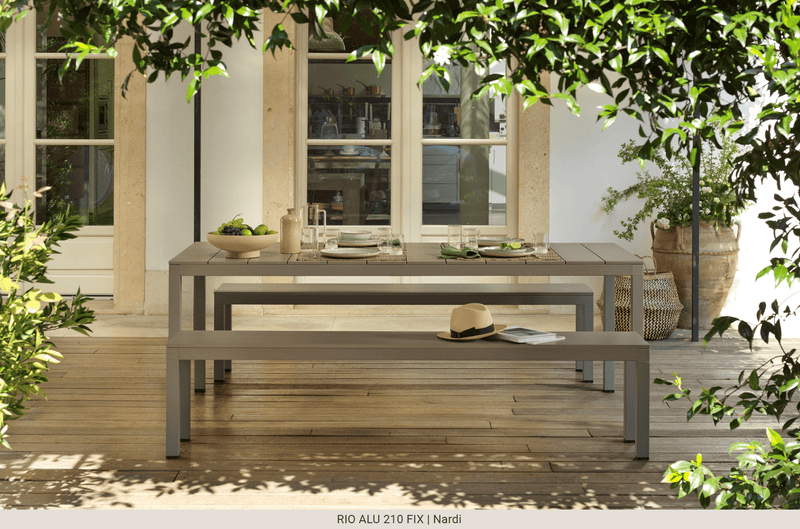 Load image into Gallery viewer, Rio Alu 210 Fixed Table - Custom Wood DesignsNardi Rio Alu 210 fixed outdoor table with aluminum frame and slatted top, ideal for garden or patio use.Nardi Outdoor Table24575205798775Tortora