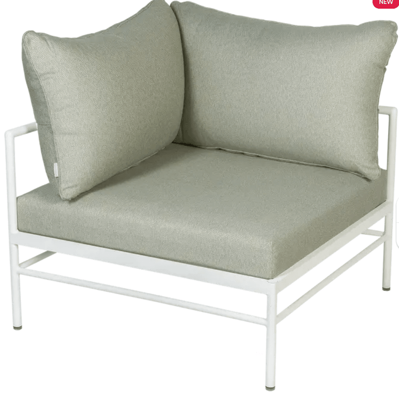 Load image into Gallery viewer, Rivage Corner Armchair - Custom Wood DesignsCotton Meadow Green Fermob Rivage Corner Armchair in a corner outdoor metal sofa setting with plush cushions.Corner Outdoor Sofa Fermob Metal24575208842679Cotton White Meadow Green