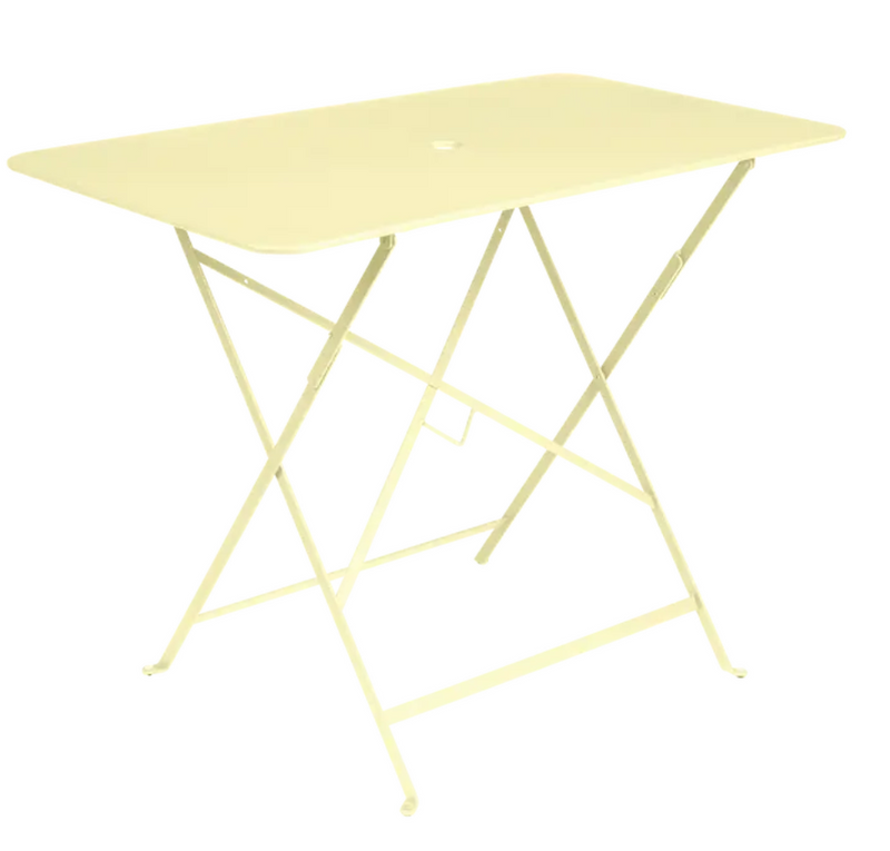 Load image into Gallery viewer, Bright yellow Fermob metal foldable bistro table with a rectangular shape, ideal for outdoor dining and Parisian-style settings.