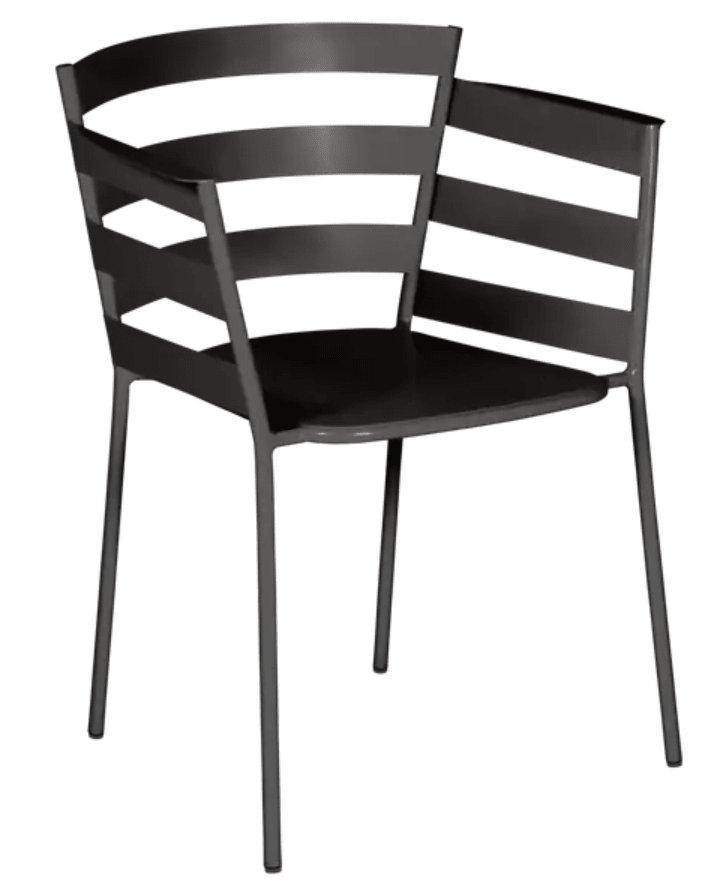 Load image into Gallery viewer, Fermob Liquorice RYTHMIC outdoor armchair with a curved metal frame and cushioned seat, ideal for outdoor relaxation.