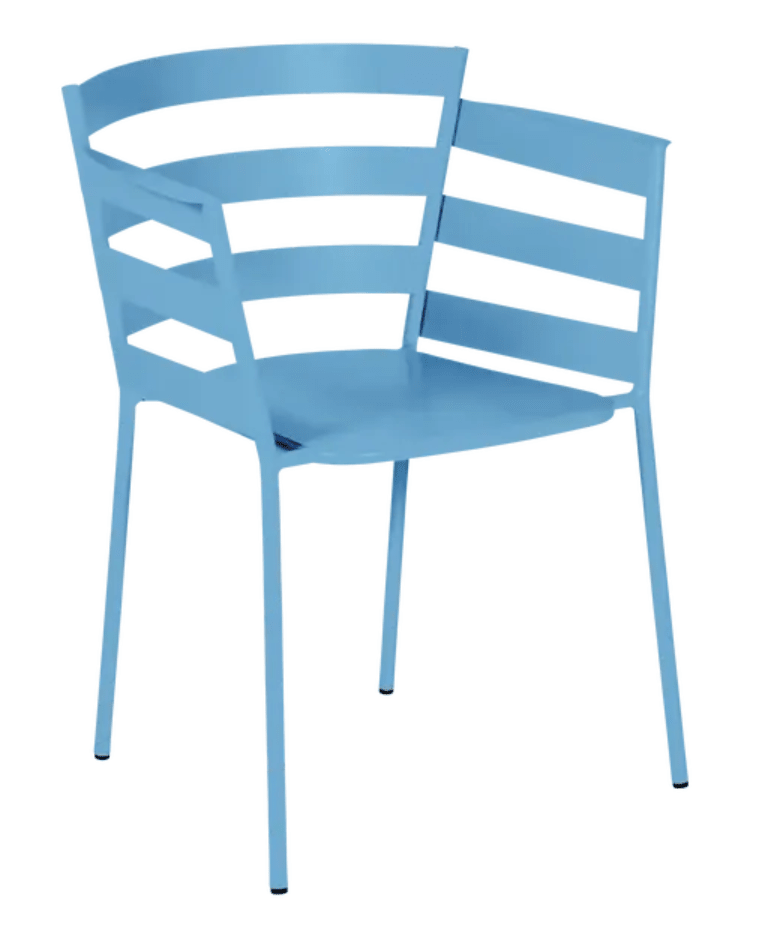 Load image into Gallery viewer, Fermob RYTHMIC outdoor armchair in Maya Blue with a modern, curved metal design perfect for outdoor seating.