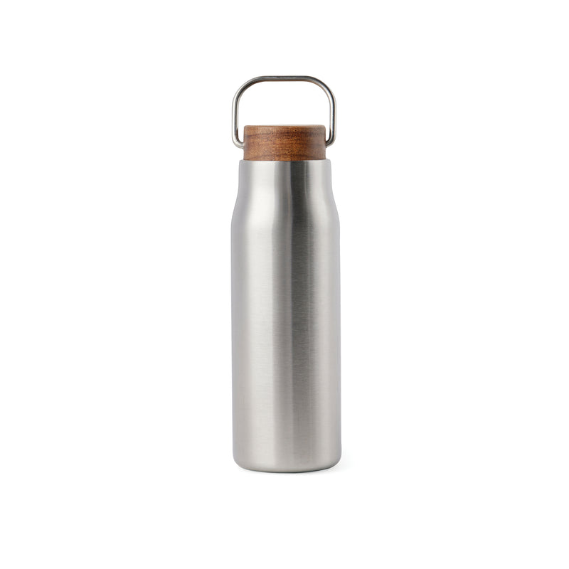 Load image into Gallery viewer, Recycled Vacuum bottle 300ml with acacia wood lid pack of 25 Silver Custom Wood Designs __label: Multibuy silvervacuumrecycledbottlecustomwooddesigns