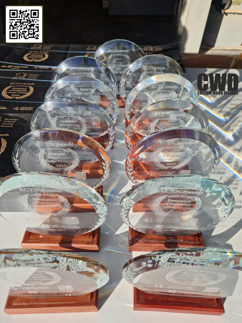 Load image into Gallery viewer, Sports Trophies Ireland - Custom Wood DesignsPack of 10 round award plaques by Custom Wood Designs featuring crystal and wood elements for recognition and achievement.Sport Trophies24575211339191