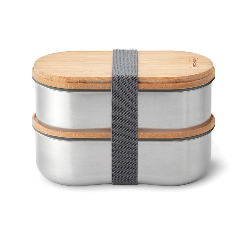 Load image into Gallery viewer, Stainless Steel Double Bento Box - Custom Wood DesignsStainless steel double bento box by Black + Blum with separate compartments for home and living use.Home & LivingP439.2002Stainless steel,Bamboogrey