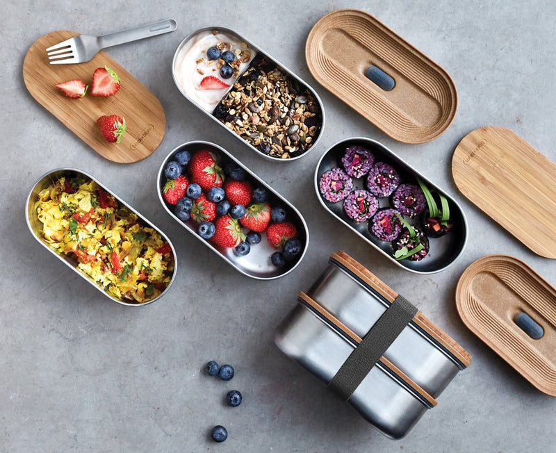 Load image into Gallery viewer, Stainless Steel Double Bento Box - Custom Wood DesignsBlack + Blum stainless steel double bento box with separate compartments for food storage, ideal for lunch on the go.Home & LivingP439.2002Stainless steel,Bamboogrey
