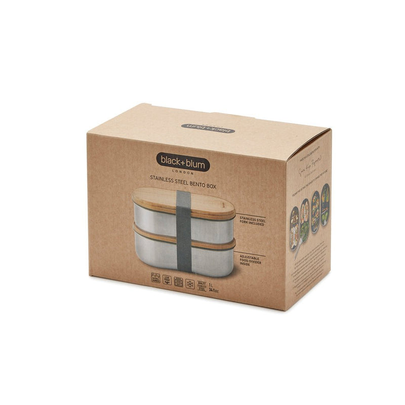 Load image into Gallery viewer, Stainless Steel Double Bento Box - Custom Wood DesignsBlack + Blum stainless steel double bento box for home and living, with separate compartments for lunch or snacks.Home & LivingP439.2002Stainless steel,Bamboogrey
