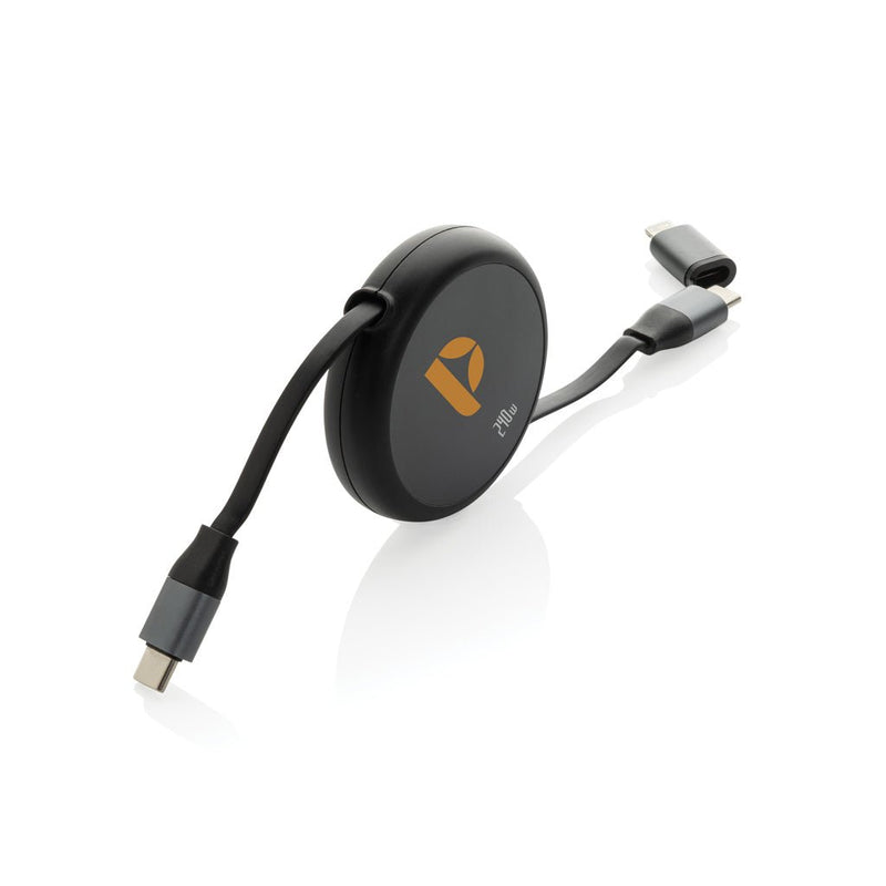 Load image into Gallery viewer, Terra RCS recycled aluminium retractable 240W 2-in-1 cable - Custom Wood DesignsXD Xclusive Terra RCS recycled aluminium 240W 2-in-1 retractable cable for phone and tablet accessories, shown coiled and extended.Phone & Tablet accessoriesP302.7701Recycled ABS,Recycled TPEblack