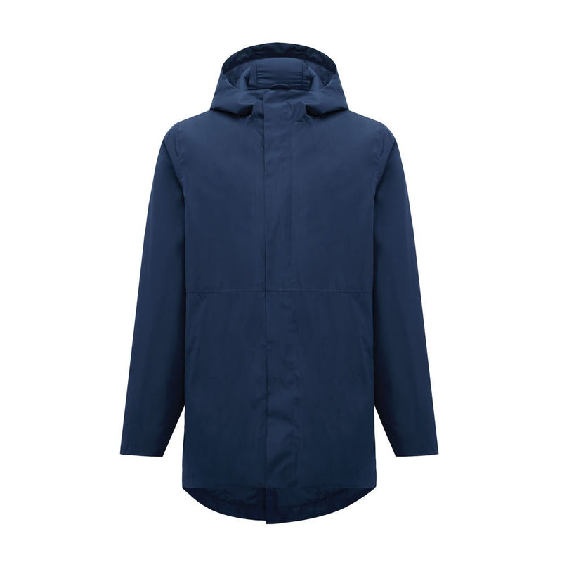 Load image into Gallery viewer, Iqoniq Thelon recycled polyester parka in navy with custom wood design, showcasing durable textile fabric and eco-friendly material.