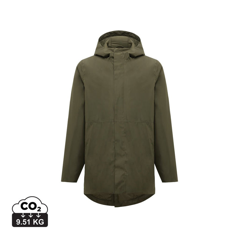 Load image into Gallery viewer, Iqoniq Thelon recycled polyester parka in textile with custom wood design, showcasing the outerwear's stylish and eco-friendly features.