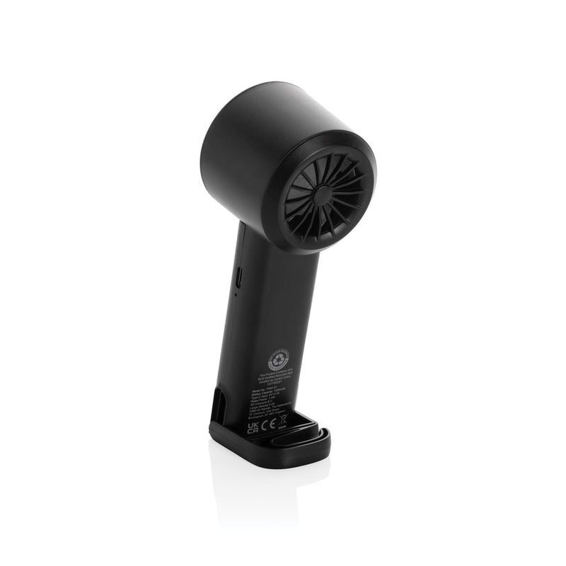 Load image into Gallery viewer, Twist RCS recycled plastic re-chargeable portable fan - Custom Wood DesignsRecycled plastic Twist RCS portable fan by XD Collection, rechargeable USB fan designed for phones and tablets, with adjustable blades.Phone & Tablet accessoriesP457.0701Recycled ABSblack