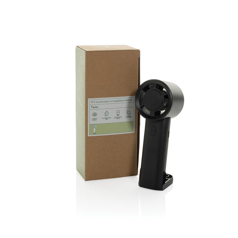 Load image into Gallery viewer, Twist RCS recycled plastic re-chargeable portable fan - Custom Wood DesignsXD Collection Twist RCS portable fan for phones and tablets, made from recycled plastic, rechargeable, compact and lightweight.Phone & Tablet accessoriesP457.0701Recycled ABSblack