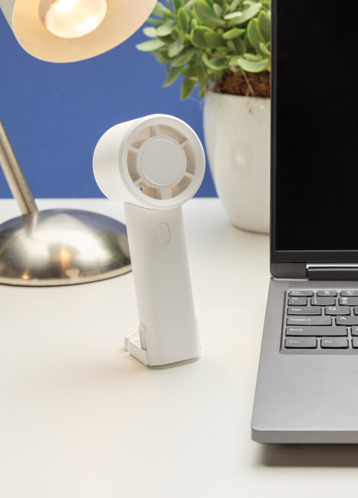 Load image into Gallery viewer, Twist RCS recycled plastic re-chargeable portable fan - Custom Wood DesignsXD Collection Twist RCS recycled plastic portable fan, rechargeable USB-powered fan for phones and tablets, compact and eco-friendly.Phone & Tablet accessoriesP457.0703Recycled ABSwhite