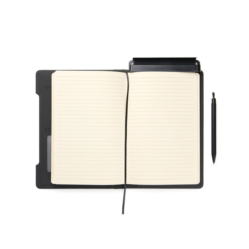 Load image into Gallery viewer, VINGA Baltimore RCS 4-in-1 Refillable Notebook - Custom Wood DesignsVinga Baltimore RCS 4-in-1 refillable notebook with black cover and elastic band, showcasing multiple writing sections and pocket.Portfolios & NotebooksV7731101Recycled Polyurethane,Recycled paperblack