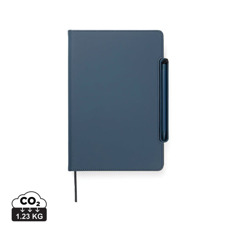 Load image into Gallery viewer, VINGA Baltimore RCS 4-in-1 Refillable Notebook - Custom Wood DesignsVinga Baltimore RCS 4-in-1 refillable notebook with black cover and elastic band, showing the front view with pages inside.Portfolios & NotebooksV7731125Recycled Polyurethane,Recycled papernavy