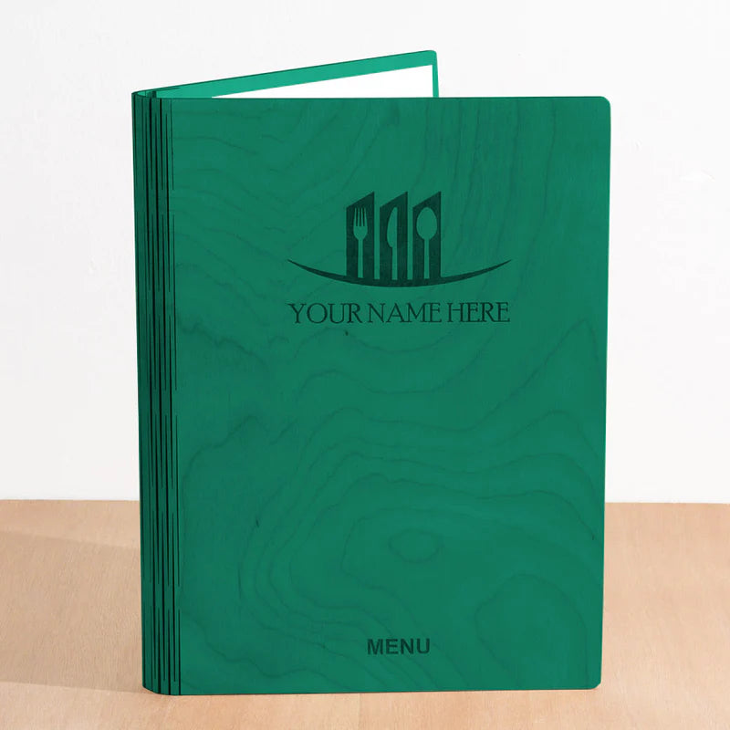 Load image into Gallery viewer, A4 Book Wooden Menu 21x30cm Green Custom Wood Designs __label: Multibuy walnut-a4-book-wooden-menu-21x30cm-53612688277847