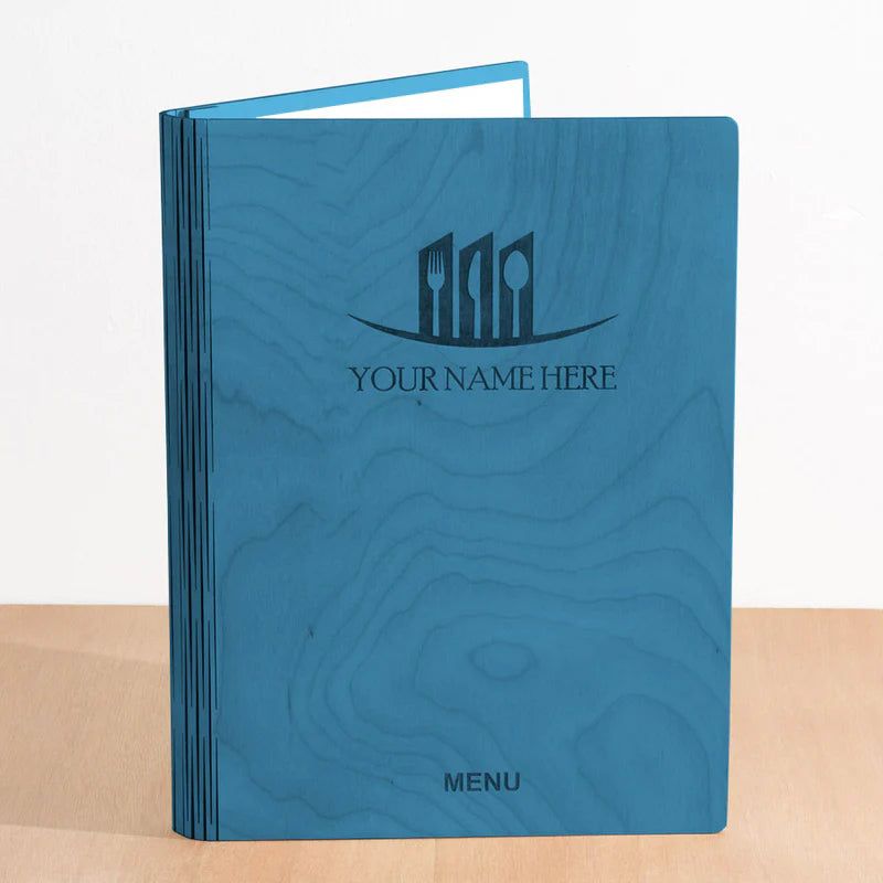 Load image into Gallery viewer, A4 Book Wooden Menu 21x30cm Blue Custom Wood Designs __label: Multibuy walnut-a4-book-wooden-menu-21x30cm-53612688769367