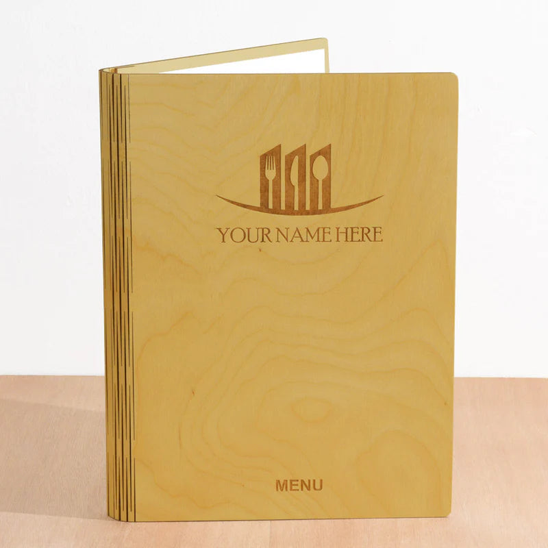 Load image into Gallery viewer, A4 Book Wooden Menu 21x30cm Natural - 2 Custom Wood Designs __label: Multibuy walnut-a4-wooden-menu-21x30cm-53612689523031